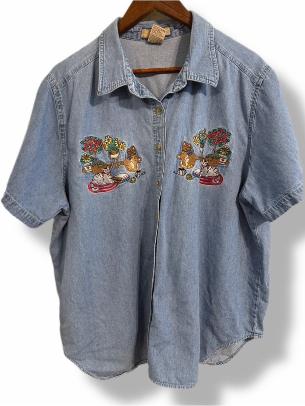 Vintage Just My Size Denim Cat Embroidered Chambray Button Front Shirt 18W 20W
